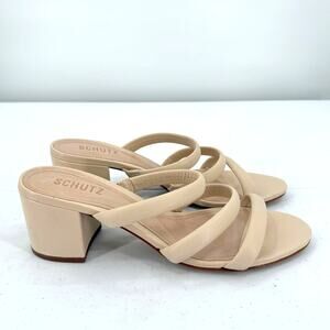 NEW Schutz Olly Deluxe Nappa Leather Beige Block Heeled Strappy Sandal Size 10.5